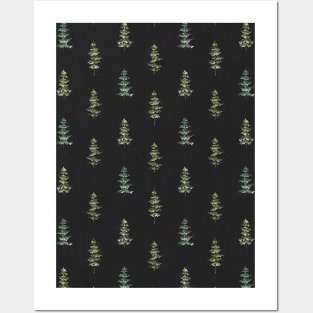 Watercolor Green Pine Trees seamless Pattern black Posters and Art